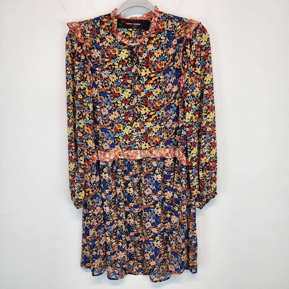 Code x Mode Floral Dress Size S Colorful Sheer Chiffon Ruffle V-Neck Cottagecore